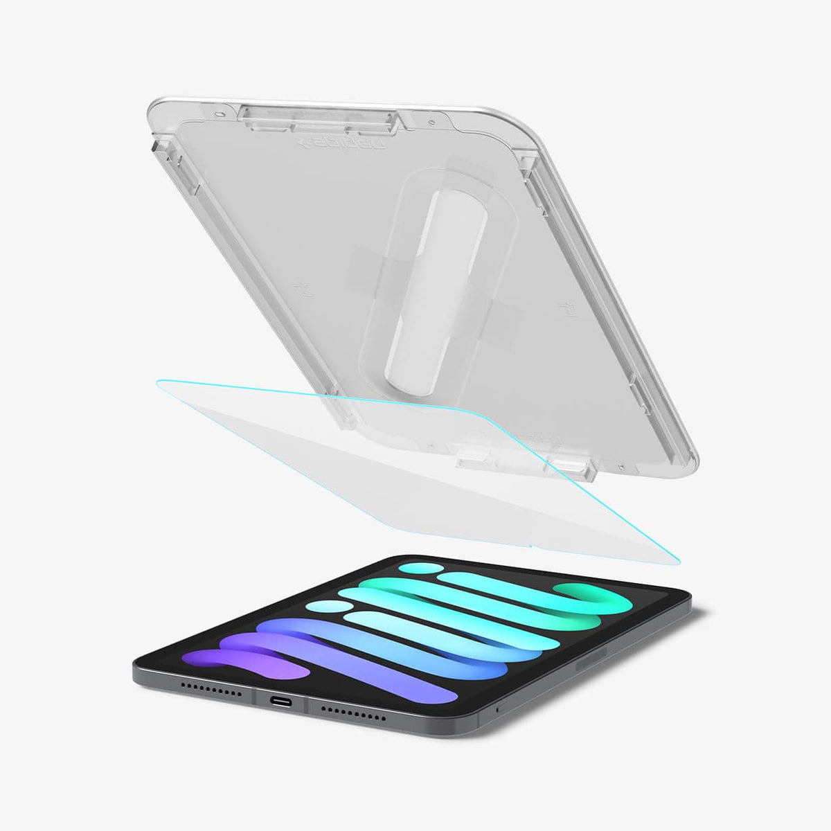 AGL03824 - iPad Mini 6 Screen Protector EZ FIT GLAS.tR showing the device laying flat with screen protector and ez fit tray hovering above