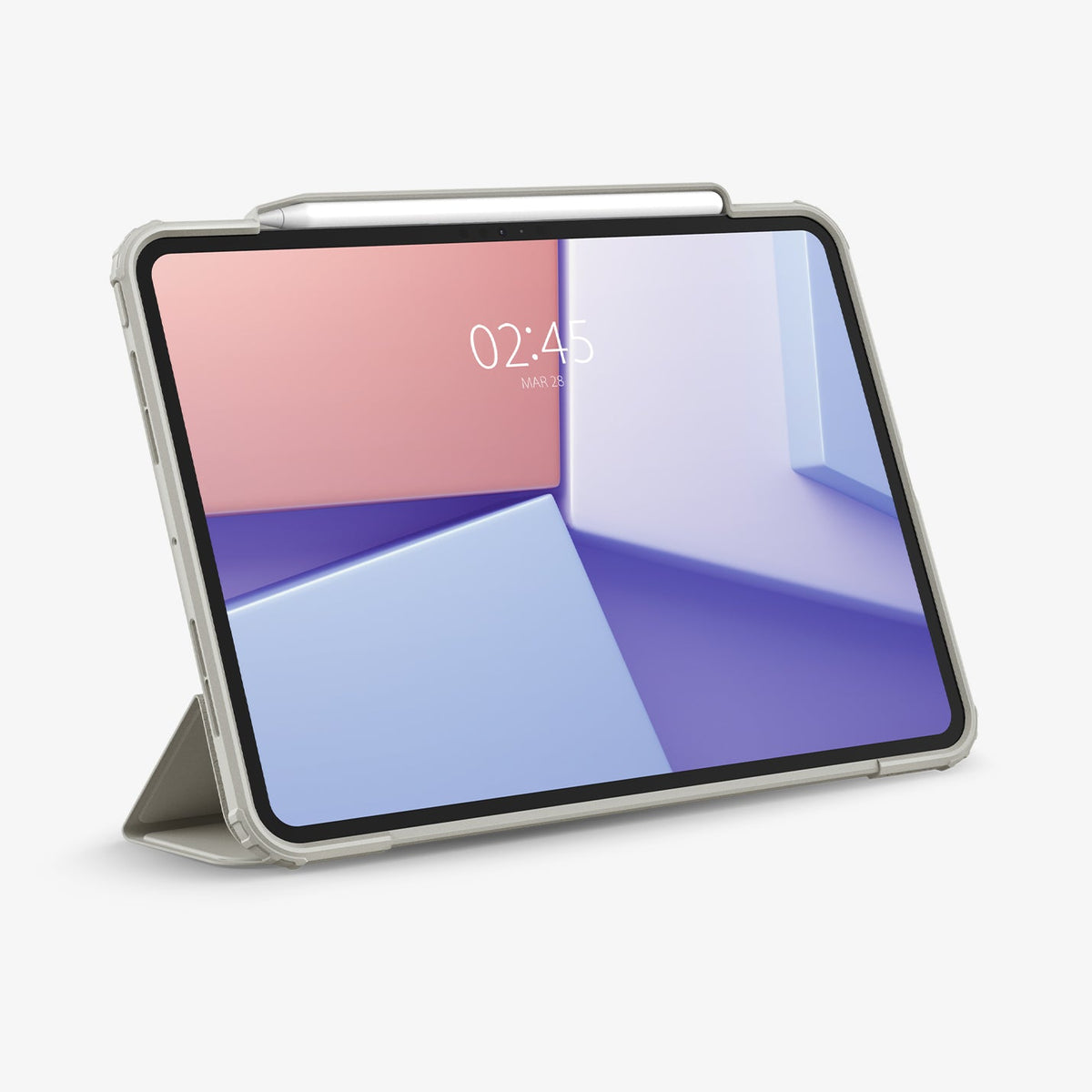 ACS07024 - iPad Pro 11-inch Case Air Skin Pro in Gray showing the front with device propped up by built in kickstand with s-pen attached