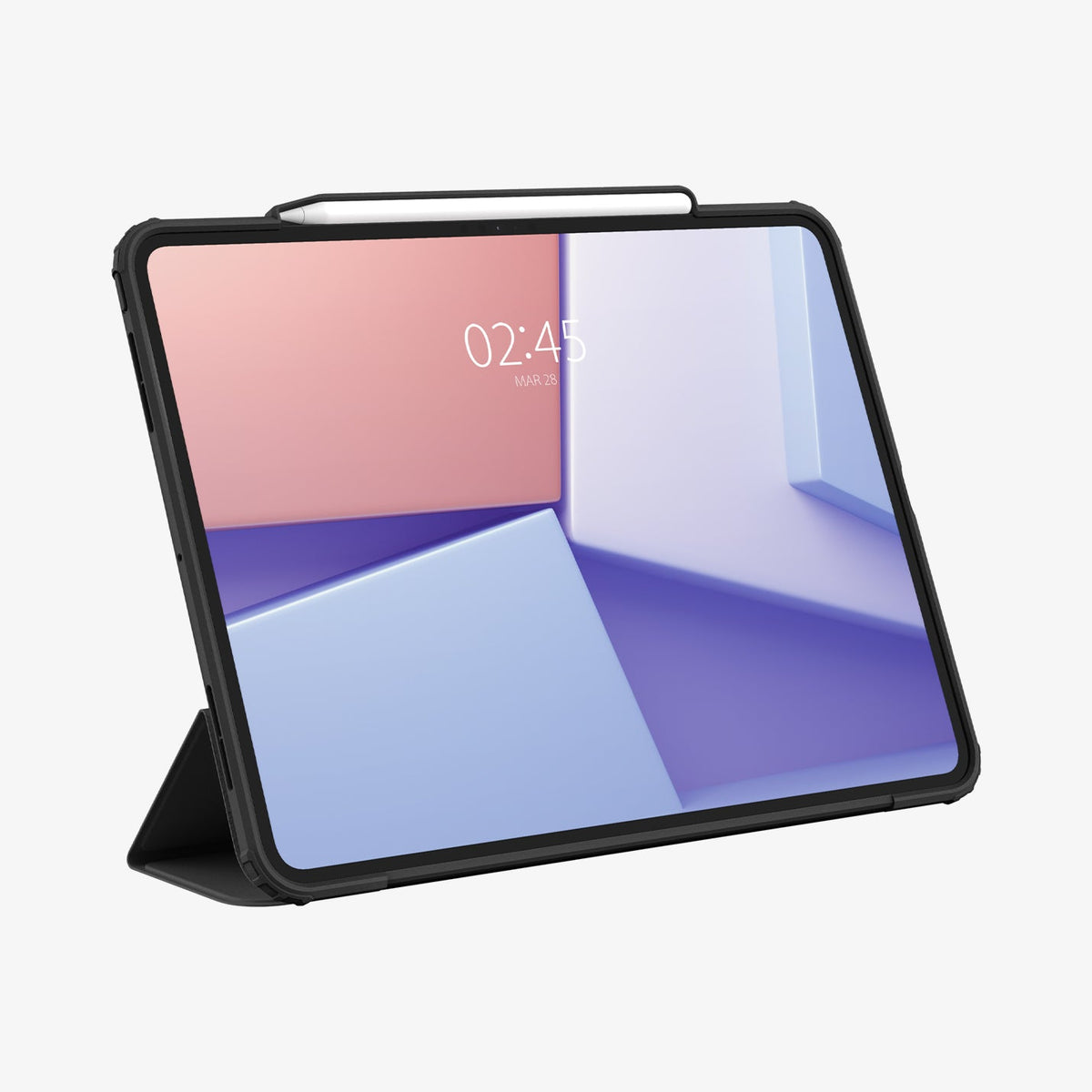 ACS07766 - iPad Pro 12.9-inch Case Air Skin Pro in Gray showing the front with device propped up by built in kickstand with s-pen attached