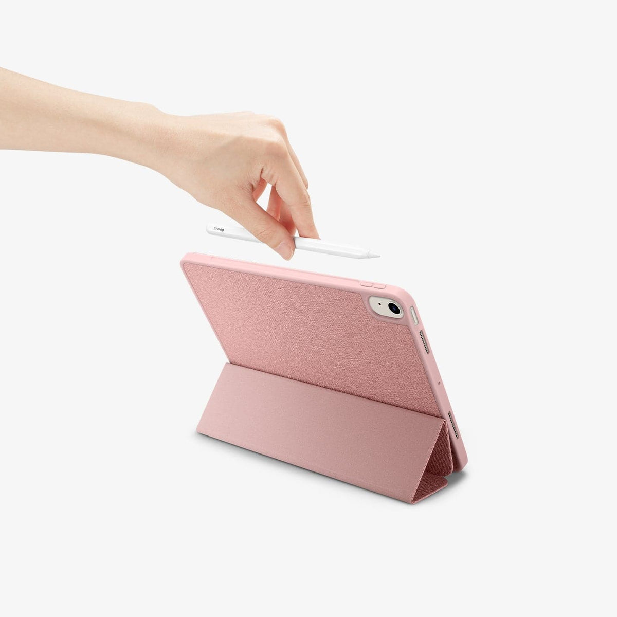 ACS01944 - iPad Air 10.9" Case Urban Fit in rose gold showing the back with a hand placing pen in slot