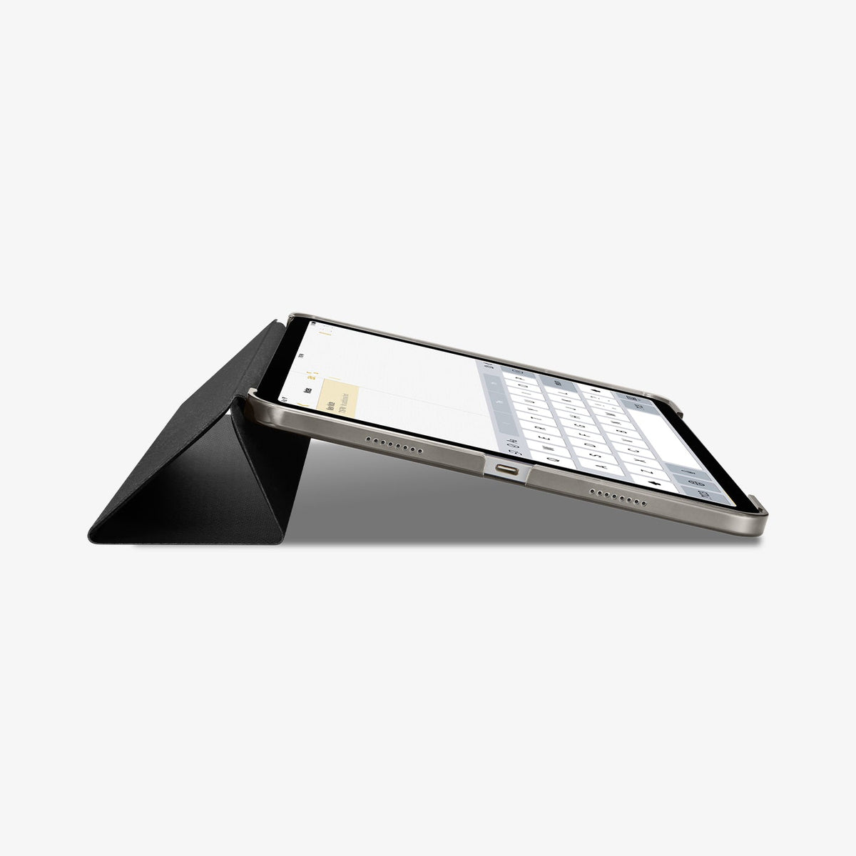 ACS05466 - iPad Pro 11" (2022/2021/2020/2018) Case Liquid Air Folio in black showing the front and bottom with device propped up by built in kickstand