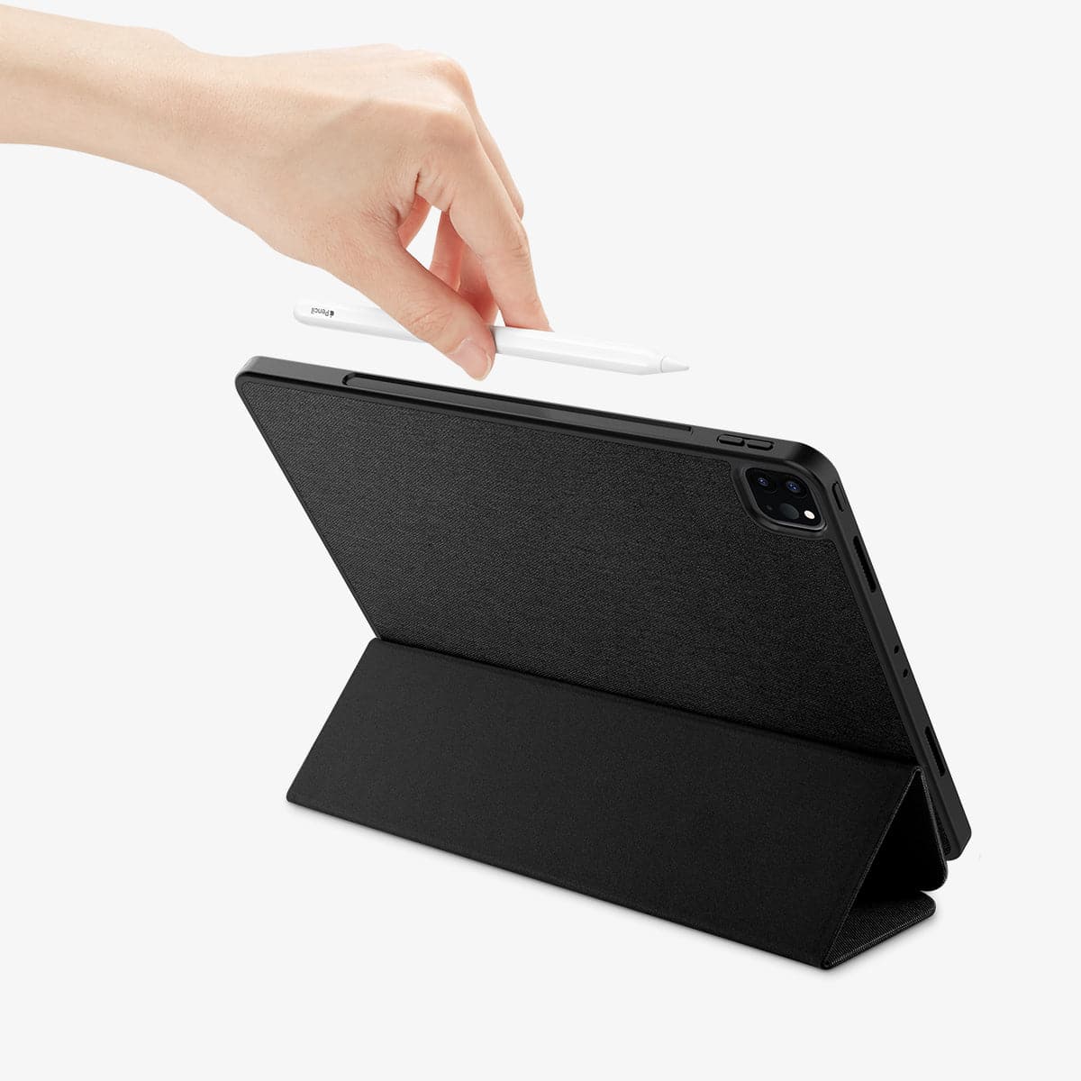 ACS03434 - iPad Pro 12.9" (2022/2021) Case Urban Fit in black showing the back with device propped up by built in kickstand and a hand placing pencil in slot