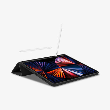 ACS03434 - iPad Pro 12.9" (2022/2021) Case Urban Fit in black showing the front and bottom with device propped up by built in kickstand and pencil in slot