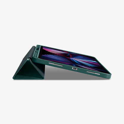 ACS01056 - iPad Pro 11" Case Urban Fit in military green showing the bottom and partial front with device propped up by built in kickstand