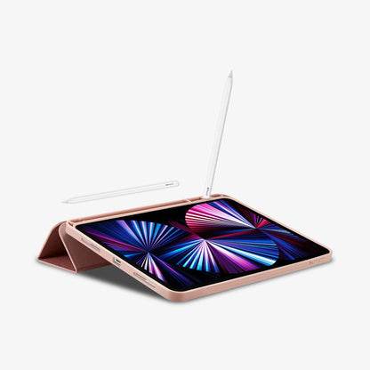 ACS01055 - iPad Pro 11" Case Urban Fit in rose gold showing the front and bottom with device propped up by built in kickstand and pencil in slot