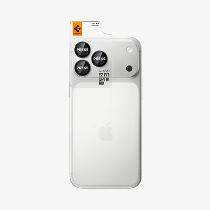 AGL12043 - iPhone 18 Pro Max / iPhone 18 Pro Optik Pro EZ Fit Lens Protector in black showing an alignment tray positioned over the camera lenses for easy installation.