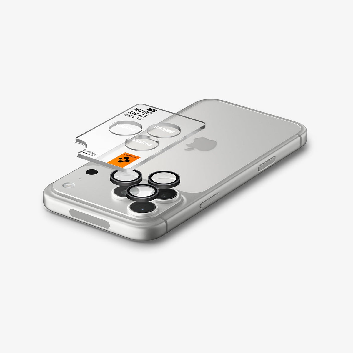 AGL12043 - iPhone 18 Pro Max / iPhone 18 Pro Optik Pro EZ Fit Lens Protector in black showing three lens protectors aligned above the camera lenses before installation.