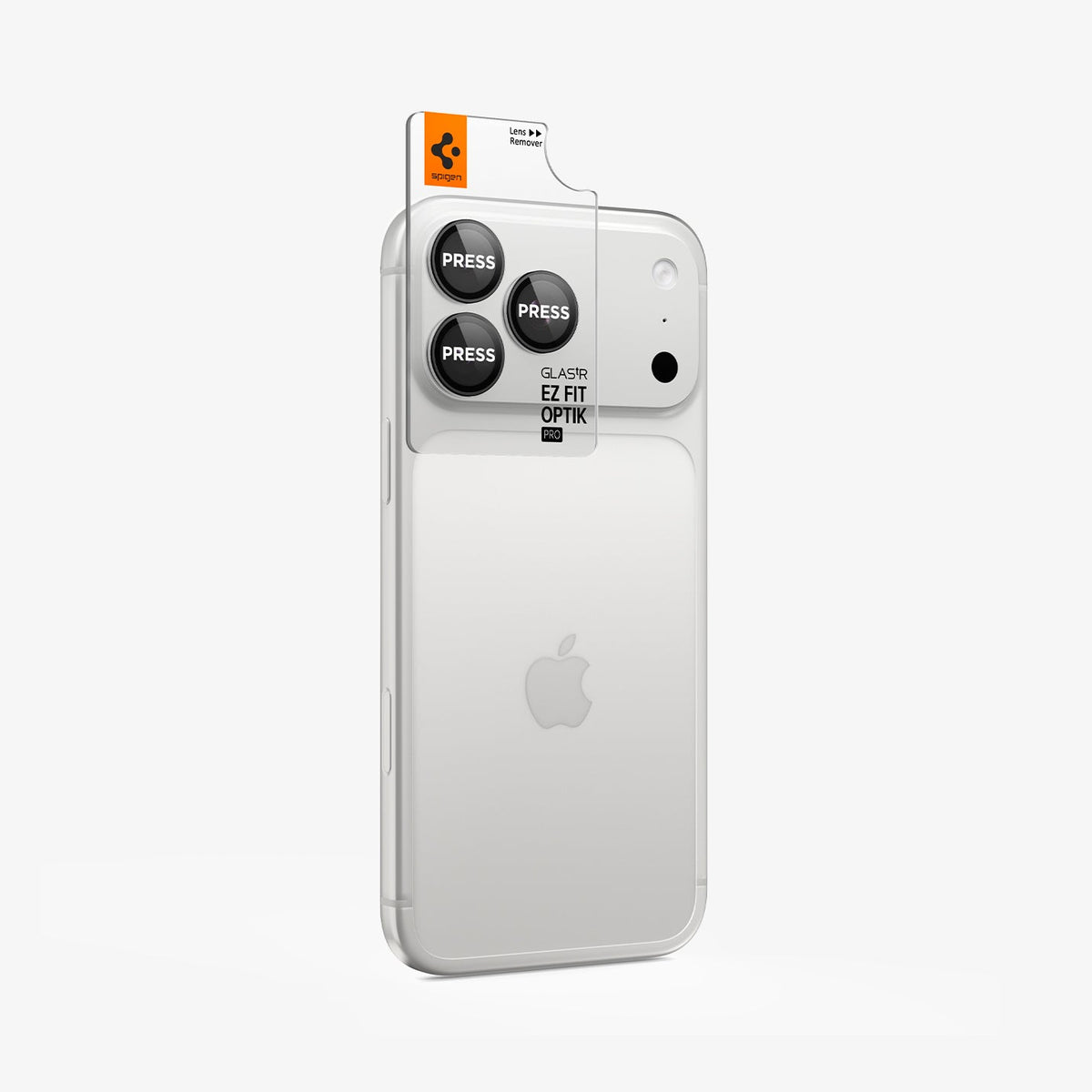AGL12043 - iPhone 18 Pro Max / iPhone 18 Pro Optik Pro EZ Fit Lens Protector in black showing an alignment tray positioned over the camera lenses for precise installation.