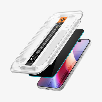 AGL12023 - iPhone 18 Pro GLAS.tR EZ Fit | Privacy showing a screen protector aligned with the installation tray for easy application.