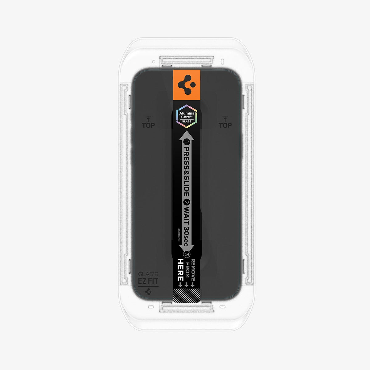 AGL12023 - iPhone 18 Pro GLAS.tR EZ Fit | Privacy showing the screen protector secured inside the installation tray before application.