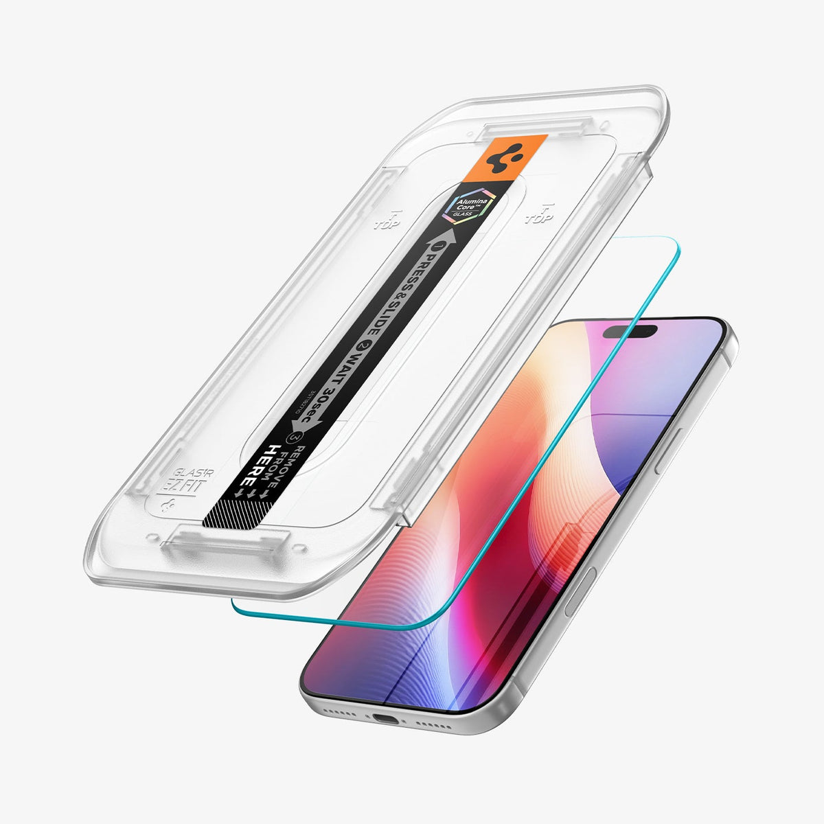 AGL07907 - iPhone 18 Pro Max / iPhone 17 Pro Max GLAS.tR EZ Fit | Sensor Protected showing a screen protector aligned with the installation tray for easy application.
