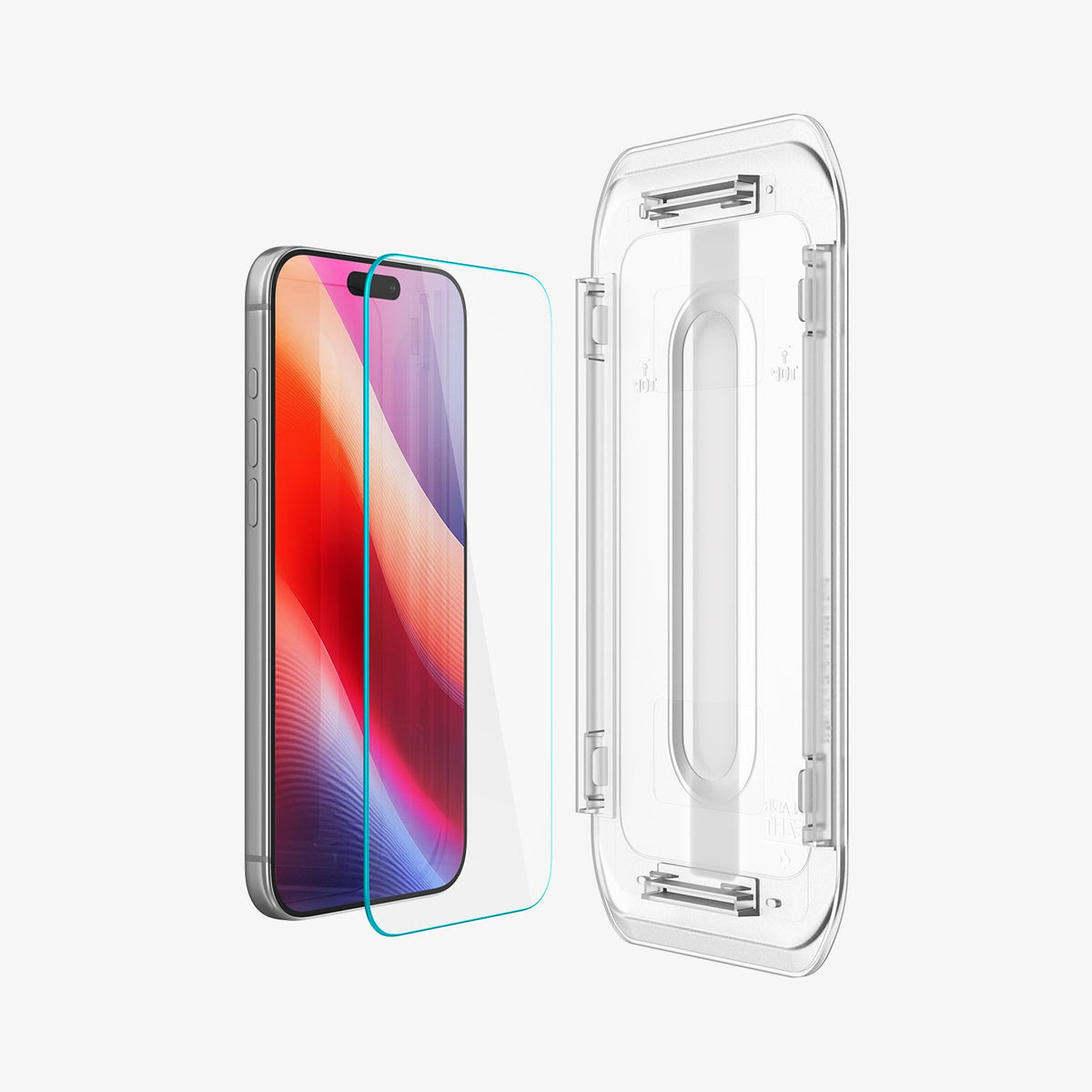 AGL07907 - iPhone 18 Pro Max / iPhone 17 Pro Max GLAS.tR EZ Fit | Sensor Protected showing a screen protector positioned between the device and installation tray.
