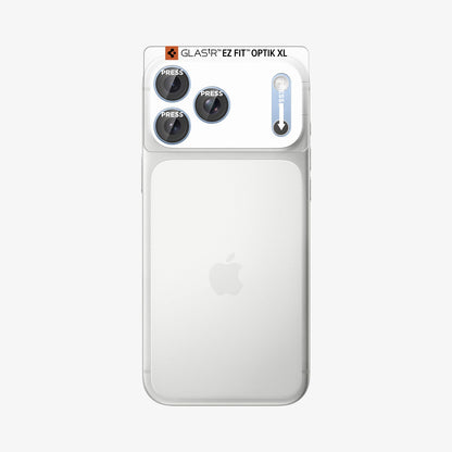 AGL12041 - iPhone 18 Pro Max Optik Pro XL EZ Fit Lens Protector in Glacier showing an alignment tray positioned over the camera area for precise installation.