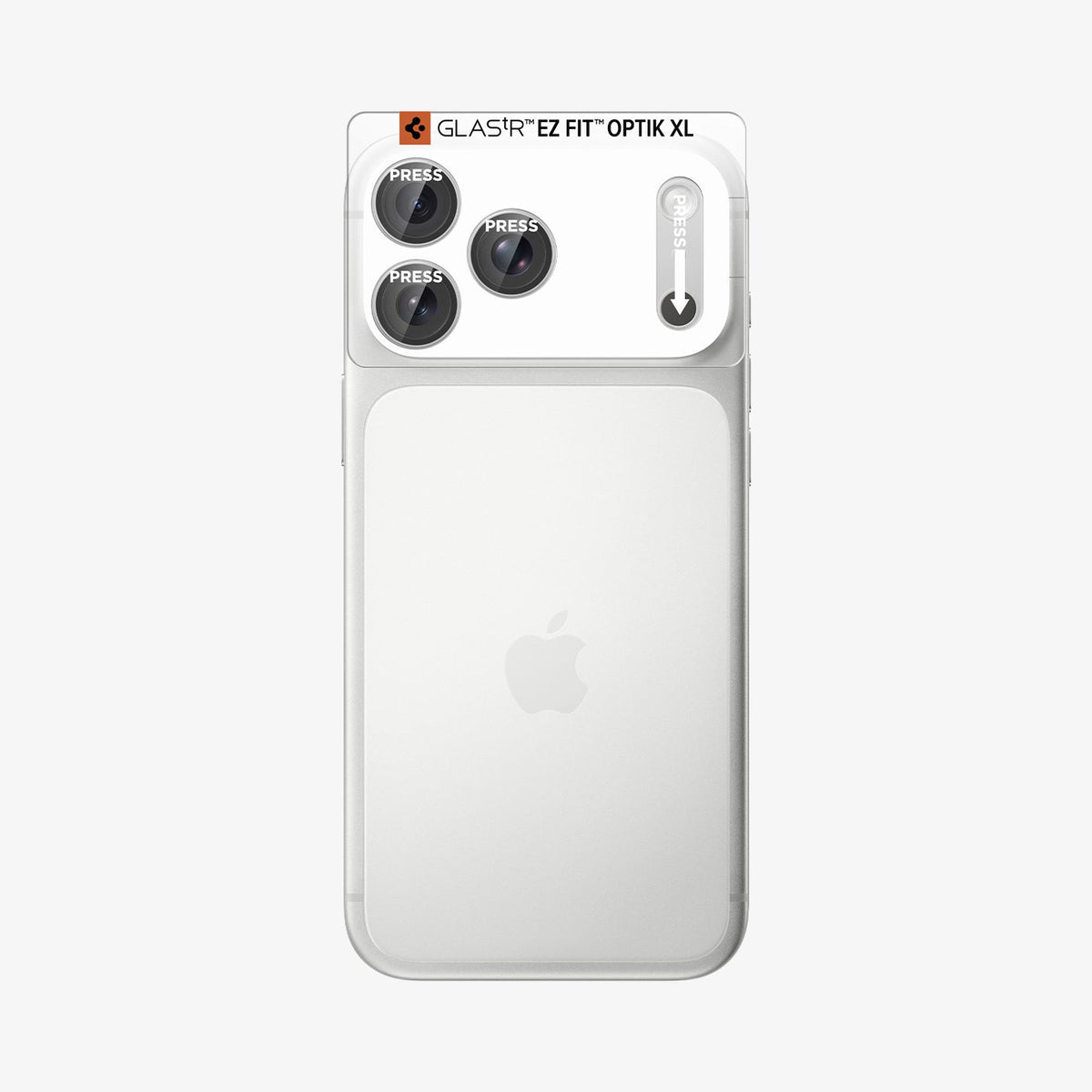 AGL12042 - iPhone 18 Pro Max Optik Pro XL EZ Fit Lens Protector in Silver showing an alignment tray positioned over the camera area for precise installation.