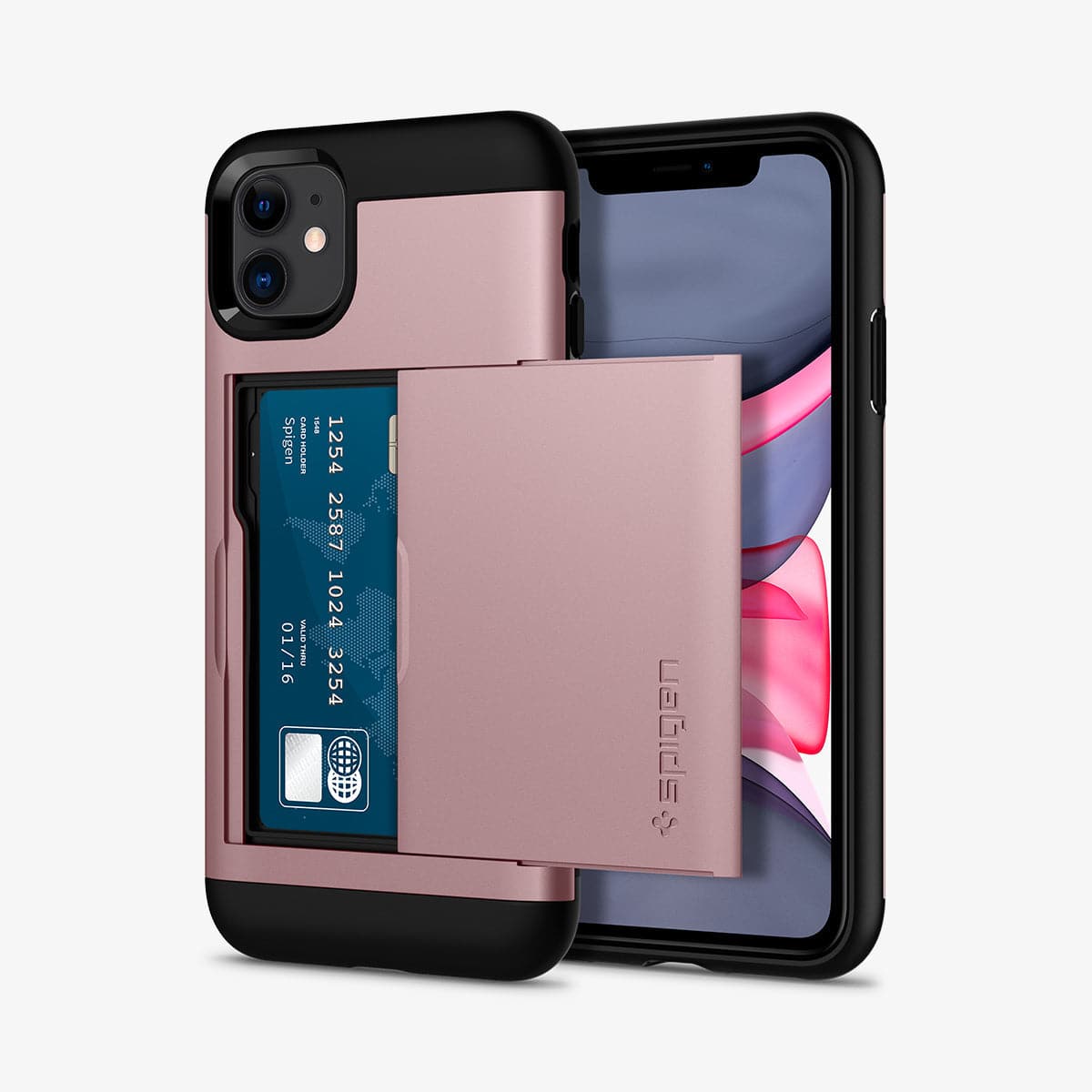 076CS27437 - iPhone 11 Case Slim Armor CS in rose gold showing the back and front with card in slot