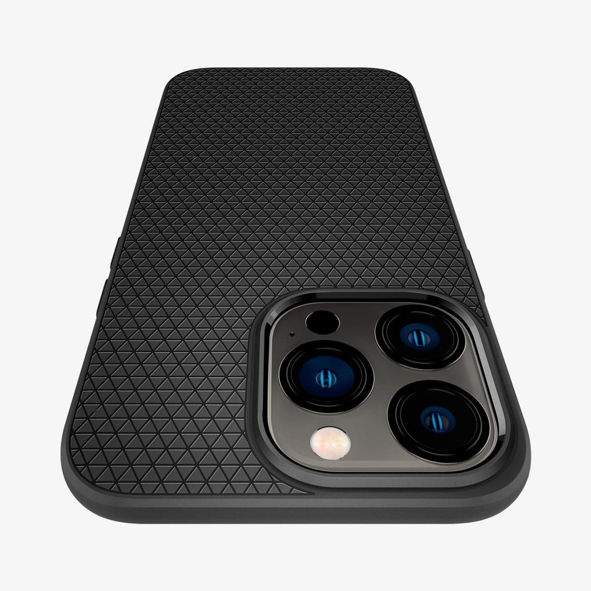ACS03258 - iPhone 13 Pro Case Liquid Air in matte black showing the back and top with a close up of the camera lens