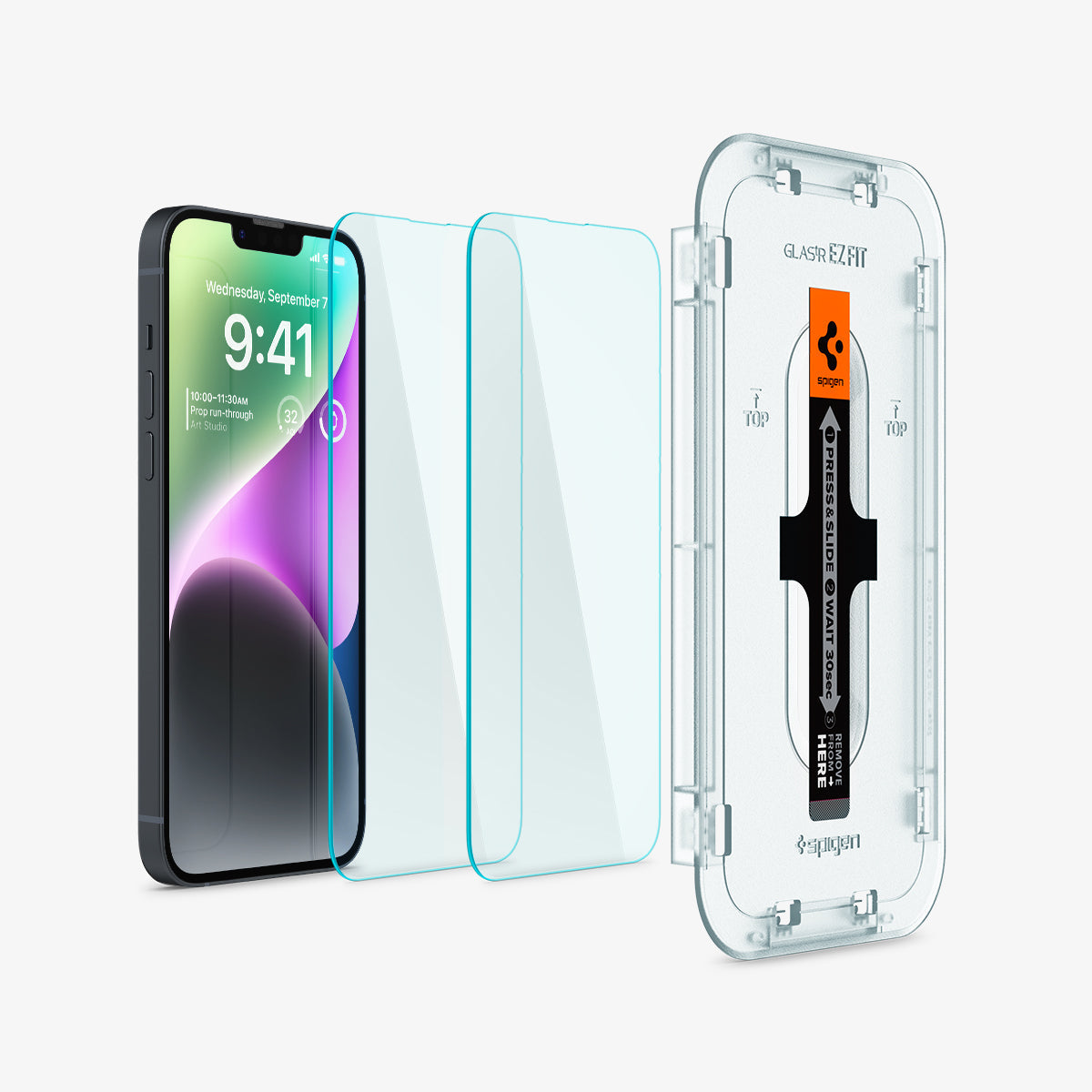 AGL03386 - iPhone 14 Screen Protector EZ FIT GLAS.tR (Sensor Protection) showing the ez fit tray, film, screen protector and device