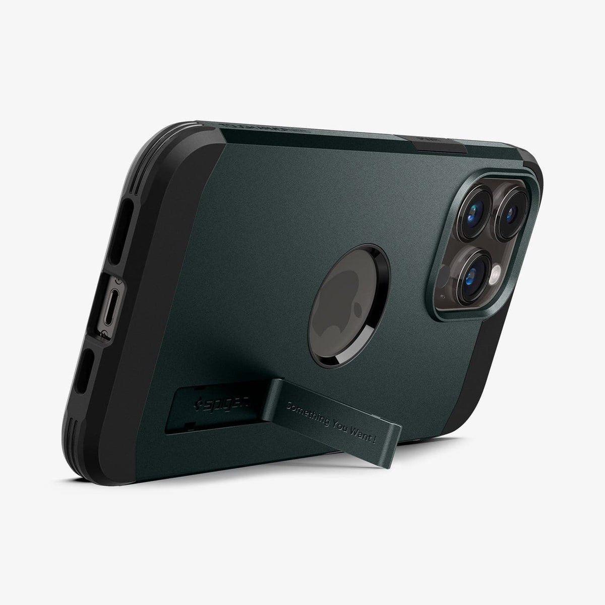 ACS04843 - iPhone 14 Pro Max Case Tough Armor (MagFit) in abyss green showing the device being propped up horizontally by built in kickstand