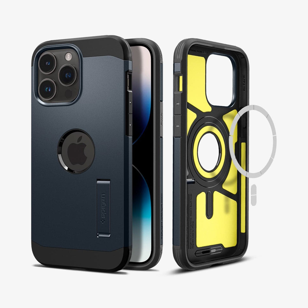 ACS04987 - iPhone 14 Pro Case Tough Armor (MagFit) in metal slate showing the back, front and magsafe layer of back