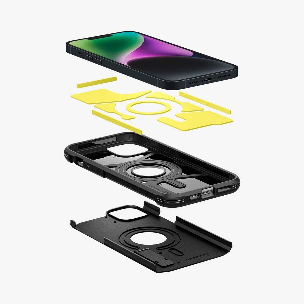 ACS05062 - iPhone 14 Case Tough Armor (MagFit) in black showing the hard pc, flexible tpu, impact foam and device