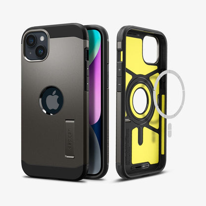 ACS05061 - iPhone 14 Case Tough Armor (MagFit) in gunmetal showing the back, front and magsafe layer of back