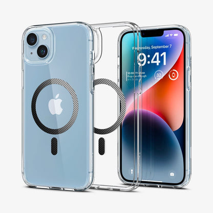 ACS04904 - iPhone 14 Plus Case Ultra Hybrid (MagFit) in carbon fiber showing the back, inside and front