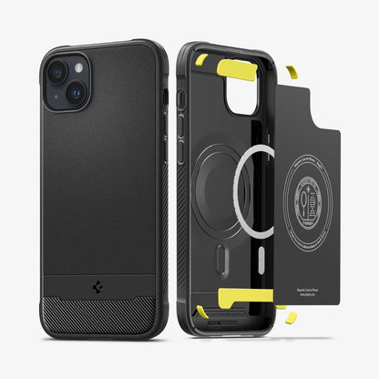 ACS04890 - iPhone 14 Plus Case Rugged Armor (MagFit) in matte black showing the back and inside of case with mag layers