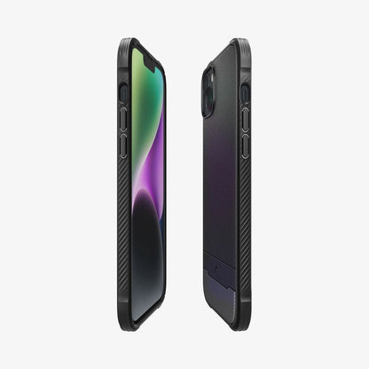 ACS04890 - iPhone 14 Plus Case Rugged Armor (MagFit) in matte black showing the sides, partial back and front
