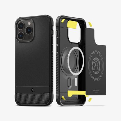 ACS04956 - iPhone 14 Pro Case Rugged Armor (MagFit) in matte black showing the back and inside of case with mag layers
