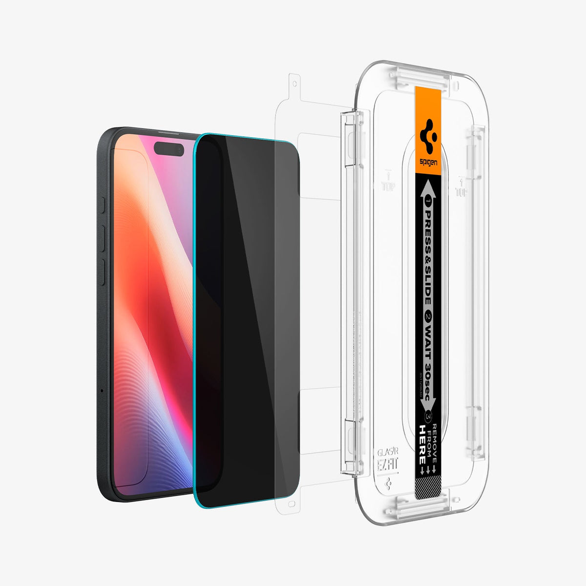 AGL06885 - iPhone 16 Plus GLAS.tR EZ Fit Privacy showing the installation tray hovering in front of a screen film screen, screen protector and the device