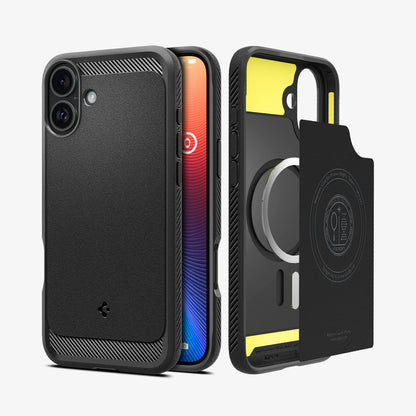 ACS08087 - iPhone 16 Plus Case Rugged Armor (MagFit) in Matte Black showing the back, partial sides, front, inner of the case, inner soft layer and metal ring plate hovering in front