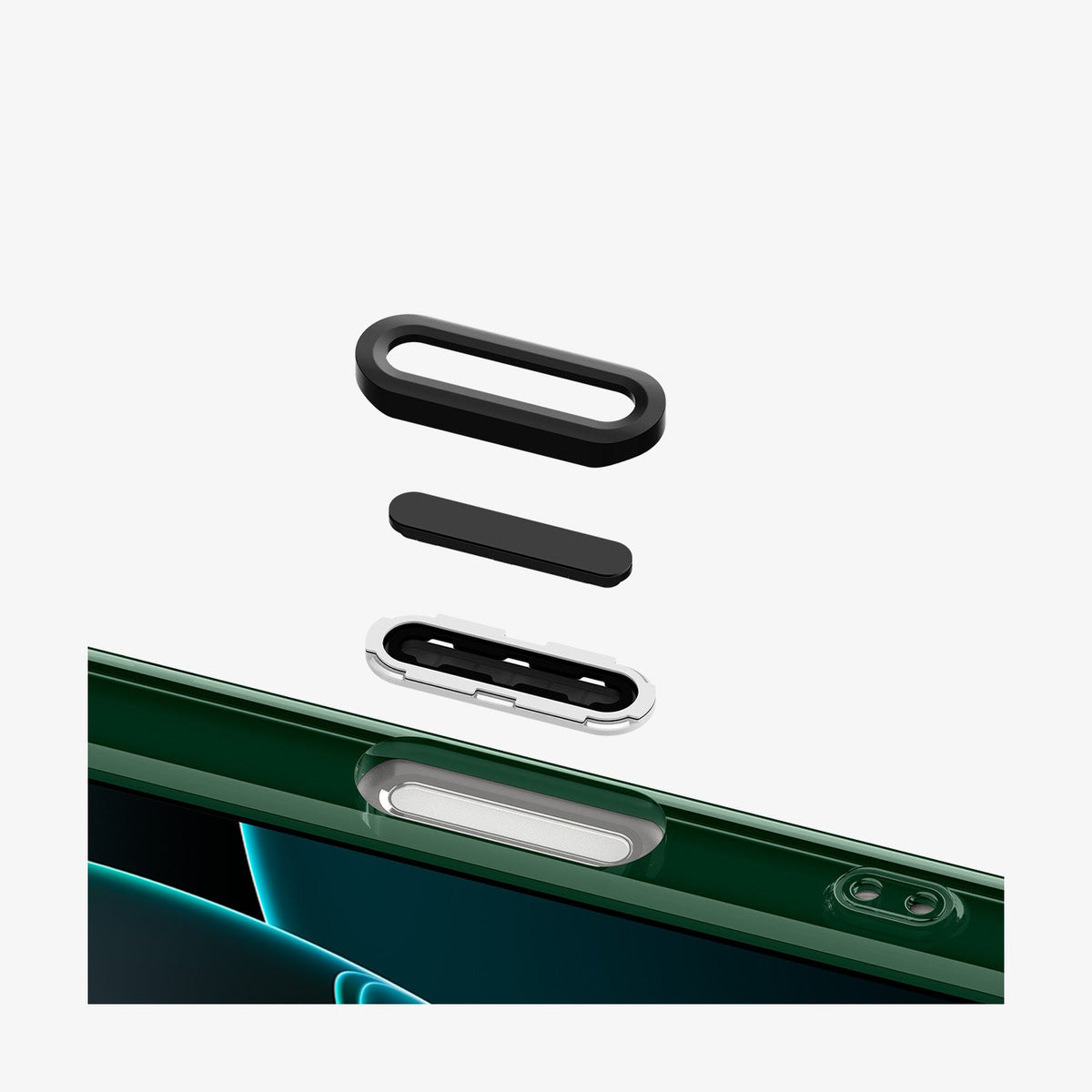 ACS09811 - iPhone 16 Pro Case c11 Series Scotsman Fir Edition (MagFit) in Scotsman Fir showing the parts of control button hovering above the camera control cutout