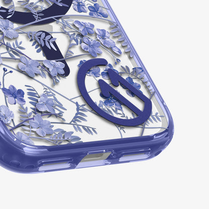 ACS11472 - Close-up of Spigen C11 Cobalt Spring case bottom corner showing detailed blue floral botanical print and MagSafe ring