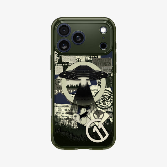 ACS12049 - Spigen Phantom C11 olive green iPhone 17 Pro Max case flat back view with UFO conspiracy collage graphic