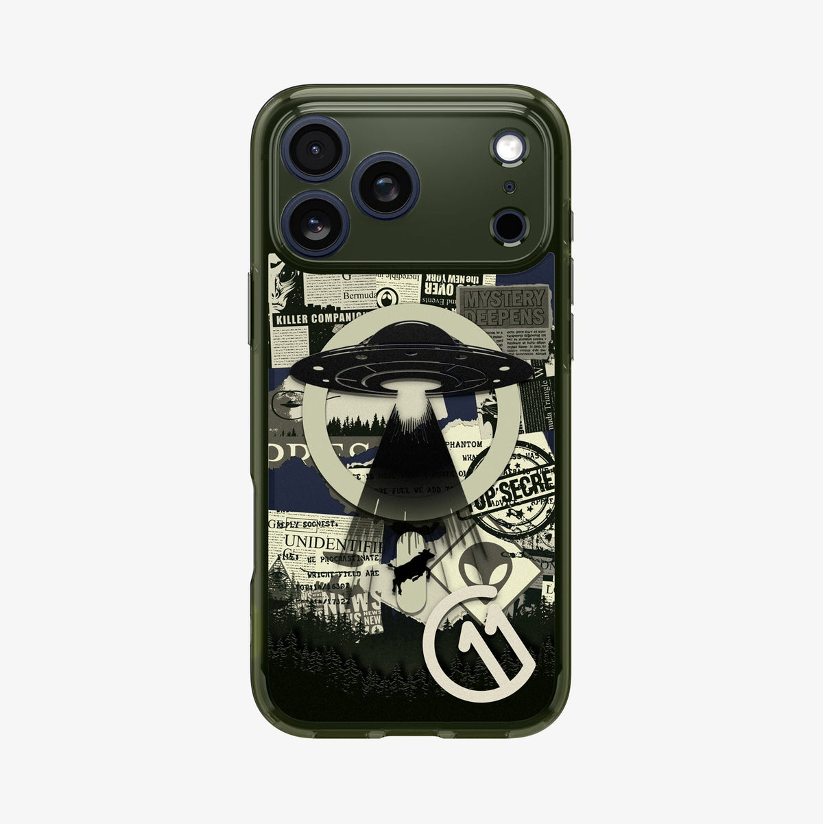 ACS12050 - Spigen Phantom C11 olive green iPhone 17 Pro case flat back view with UFO conspiracy collage graphic
