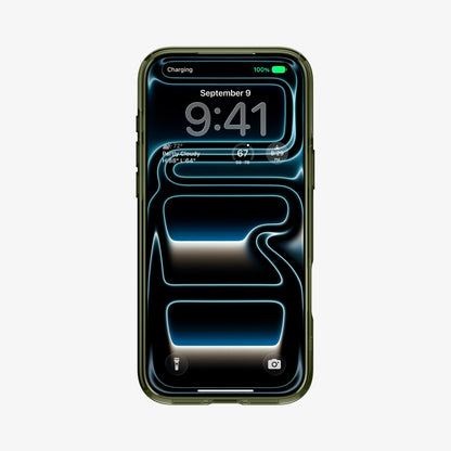 ACS12050 - Front view of iPhone 17 Pro in Spigen Phantom C11 olive green case showing lock screen