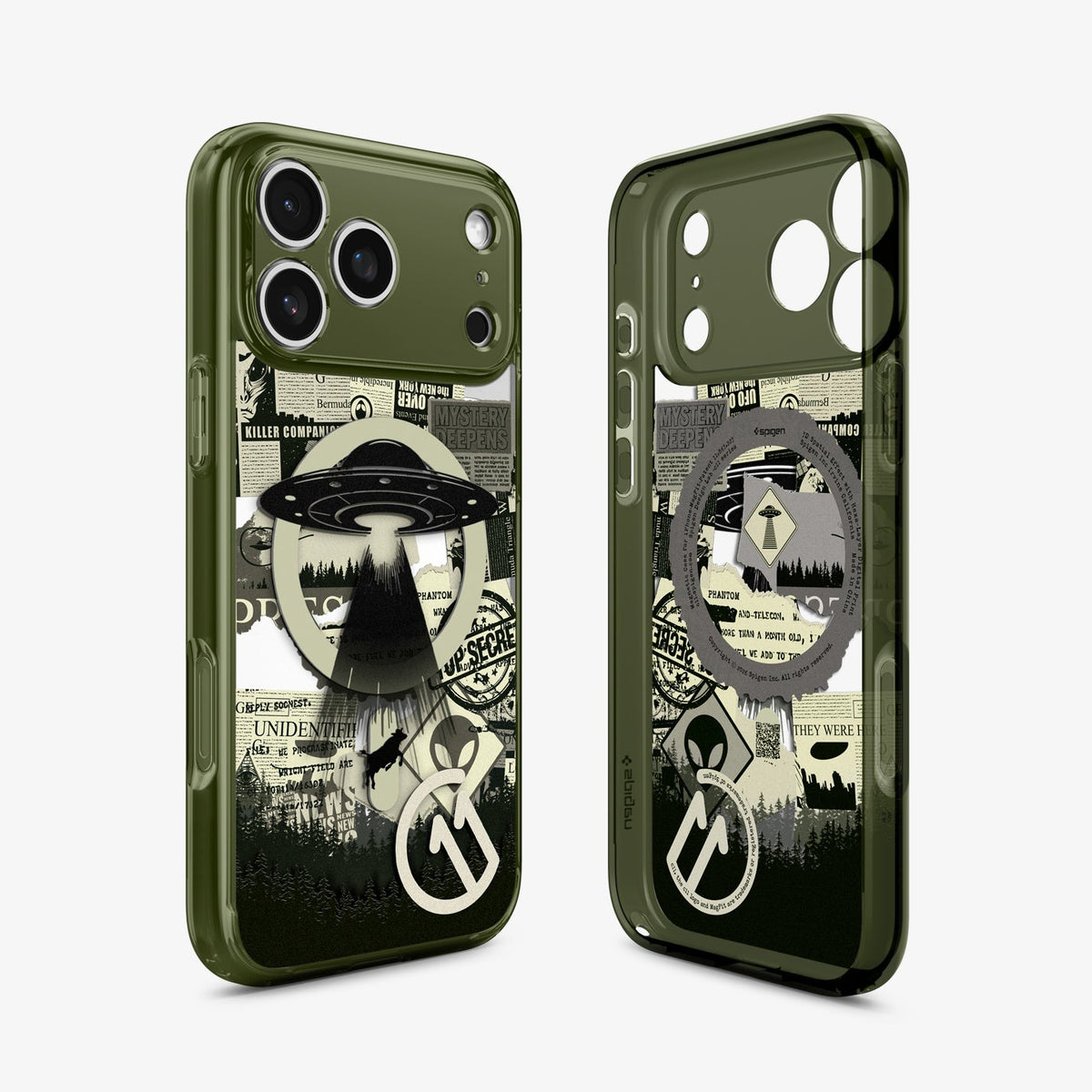 ACS12049 - Spigen Phantom C11 olive green iPhone 17 Pro Max case with UFO and conspiracy newspaper collage graphic, front and back view