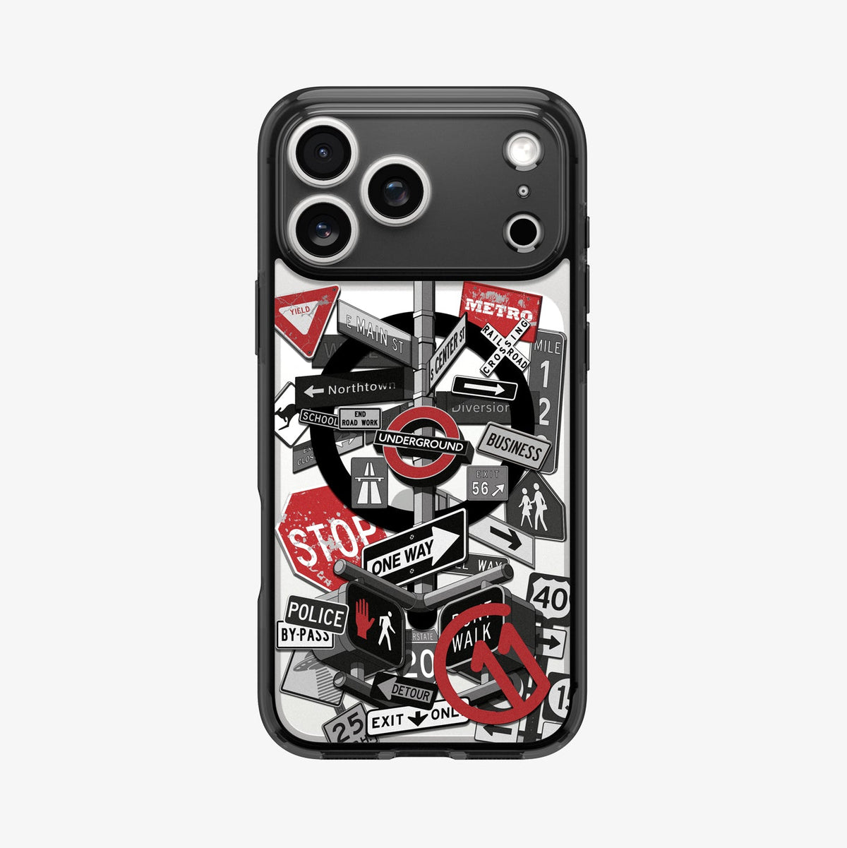 ACS11842 - Spigen Signal C11 iPhone 17 Pro case showing the Spigen Signal C11 case flat back view with street sign collage graphic around camera cutout