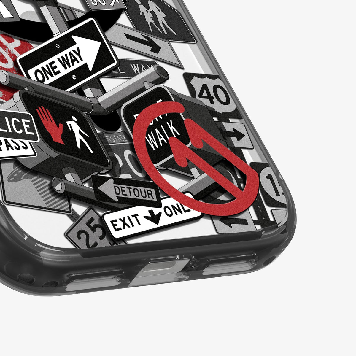 ACS11842 - Spigen Signal C11 iPhone 17 Pro case showing a close-up of the Spigen Signal C11 case bottom corner with Police, Detour, and Don't Walk sign graphics