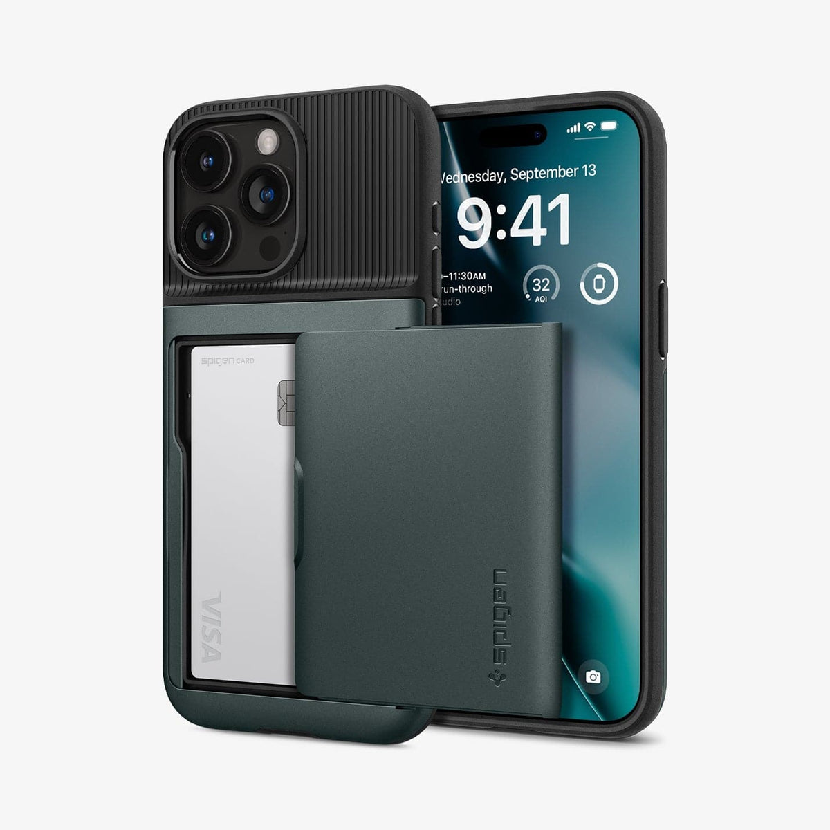 ACS06731 - iPhone 15 Pro Case Slim Armor CS in abyss green showing the back and front with card in slot