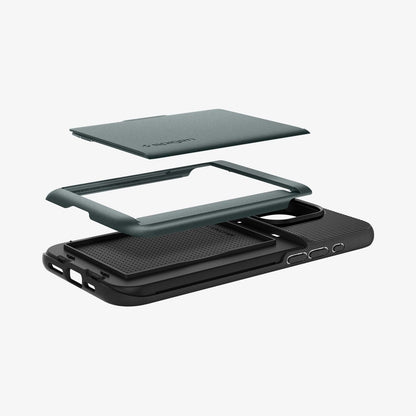 ACS06731 - iPhone 15 Pro Case Slim Armor CS in abyss green showing the multiple layers of card slot hovering above the case