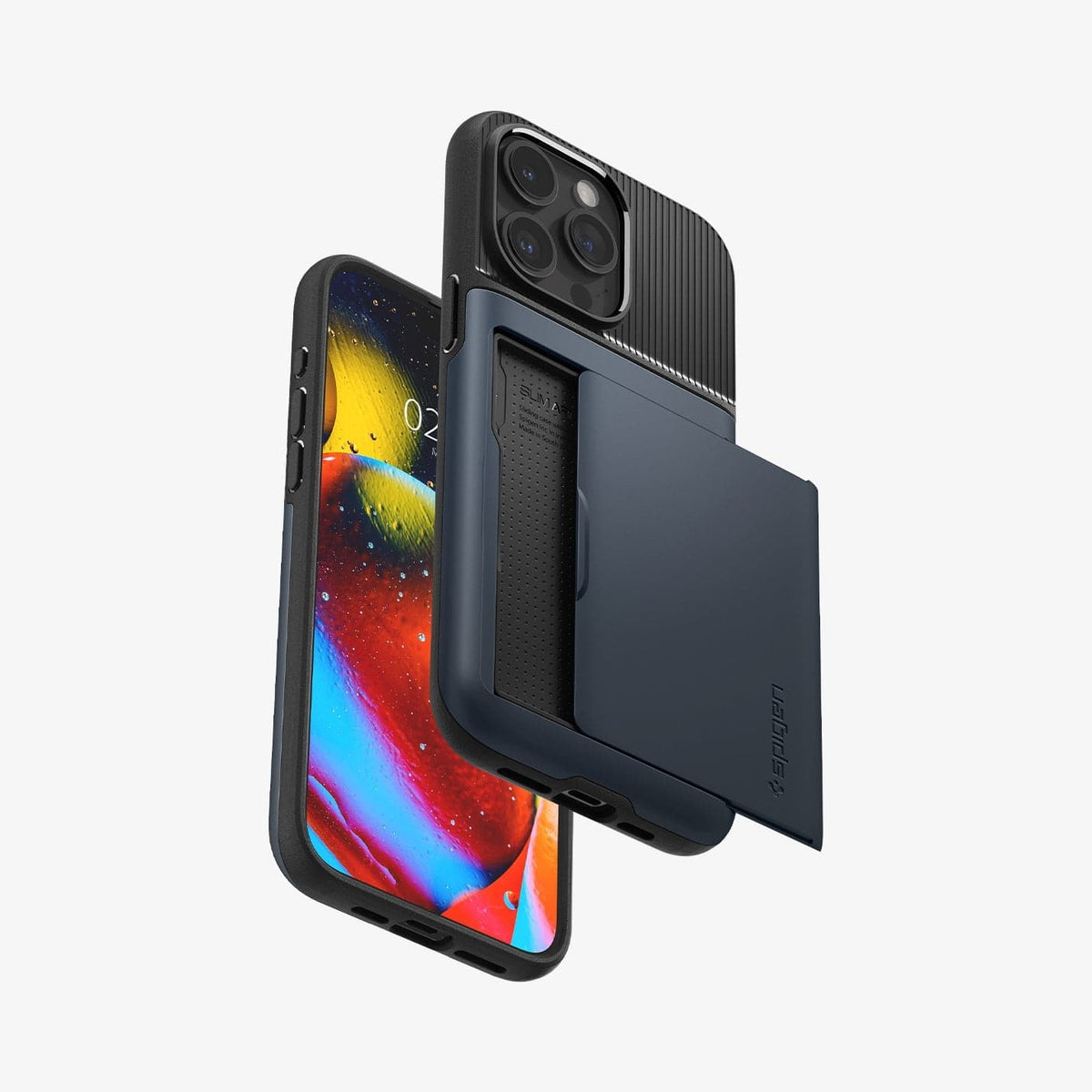 ACS06730 - iPhone 15 Pro Case Slim Armor CS in metal slate showing the back and front with card in slot