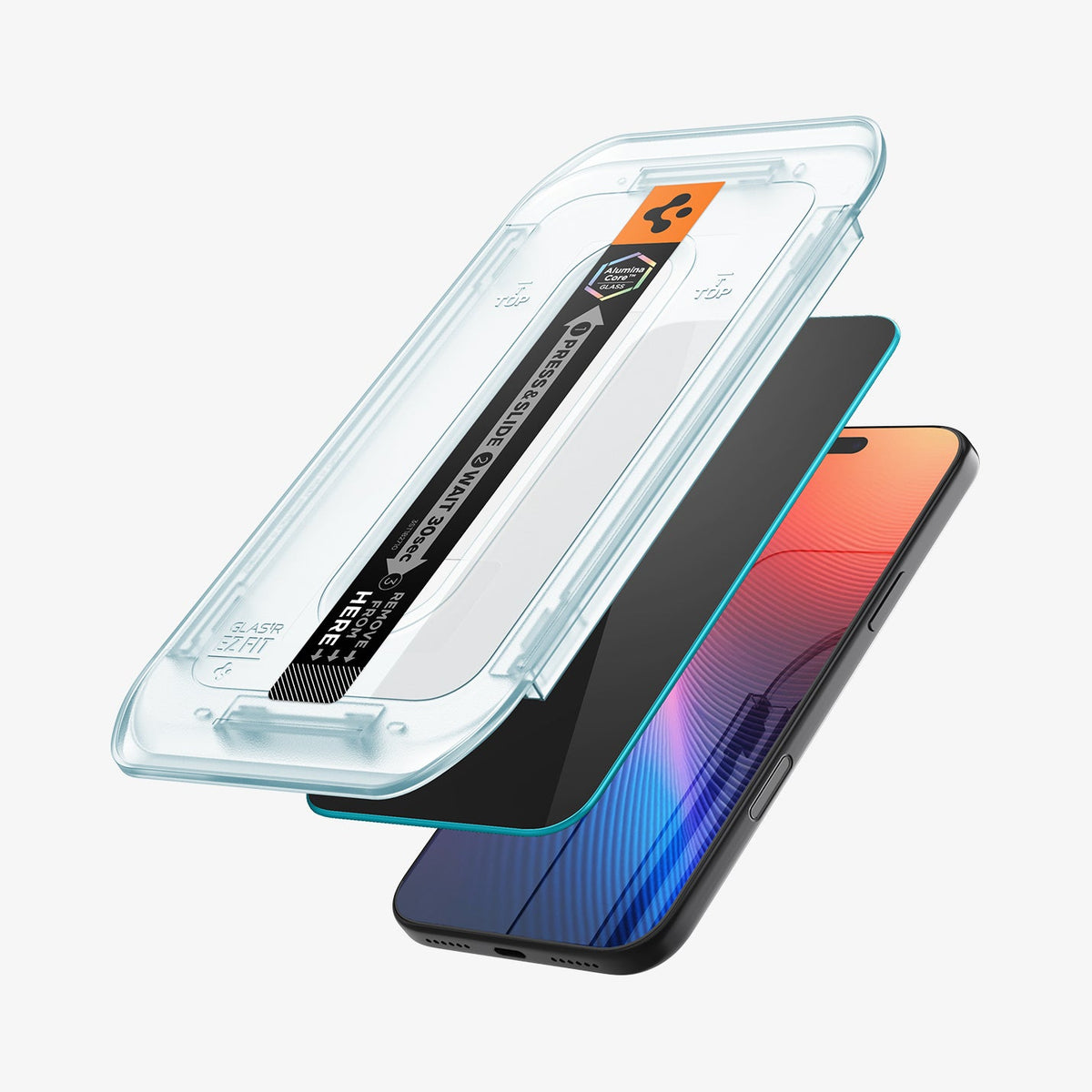 AGL07929 - iPhone 17 Pro GLAS.tR EZ Fit Privacy showing the installation tray hovering above the screen protector and the device