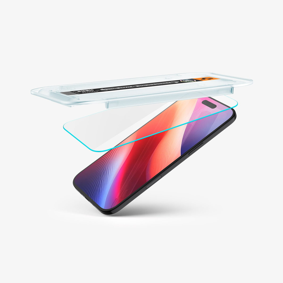 AGL09861 - iPhone 17 Air GLAS.tR EZ Fit | Sensor Protected showing the installation tray partially hovering above the screen protector and the device