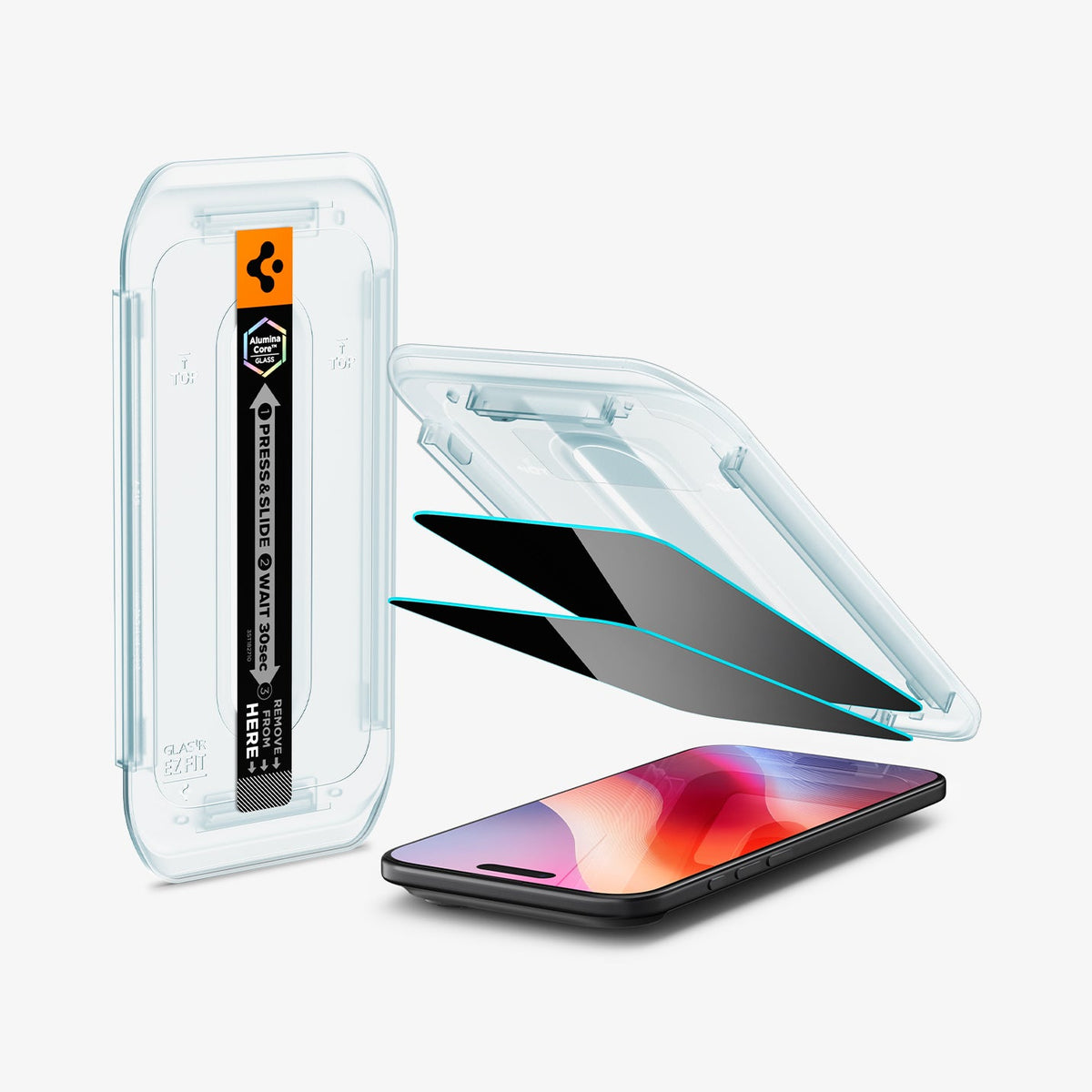 AGL09862 - iPhone 17 Air GLAS.tR EZ Fit Privacy showing the installation tray hovering above the 2 screen protector and the device, beside it is another installation tray