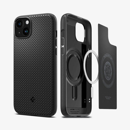 ACS06671 - iPhone 15 Plus Case Mag Armor (MagFit) in matte black showing the back and inside magnetic ring layers