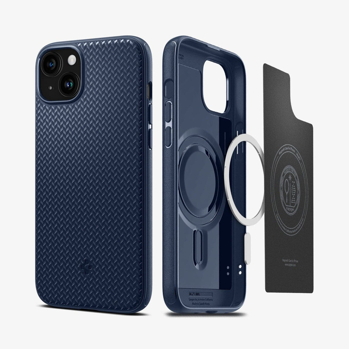 ACS06672 - iPhone 15 Plus Case Mag Armor (MagFit) in navy blue showing the back and inside magnetic ring layers