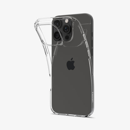 ACS07984 - iPhone 16 Pro Max Case Liquid Crystal in Crystal Clear showing the back, partial top peeled off