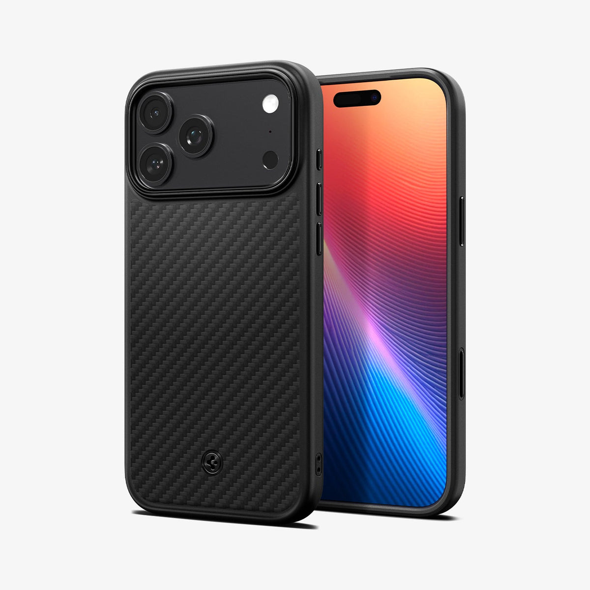 ACS09906 - iPhone 18 Pro Max / iPhone 17 Pro Max Enzo Aramid T (Mag Fit) Black Black showing front and back views highlighting the slim profile, textured finish, and precise button cutouts