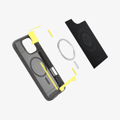 ACS08116 - iPhone 16 Pro Case Rugged Armor (MagFit) in Gray showing the inner soft layer of the case hovering in front of the detached metal ring plate, impact foam and the inner case